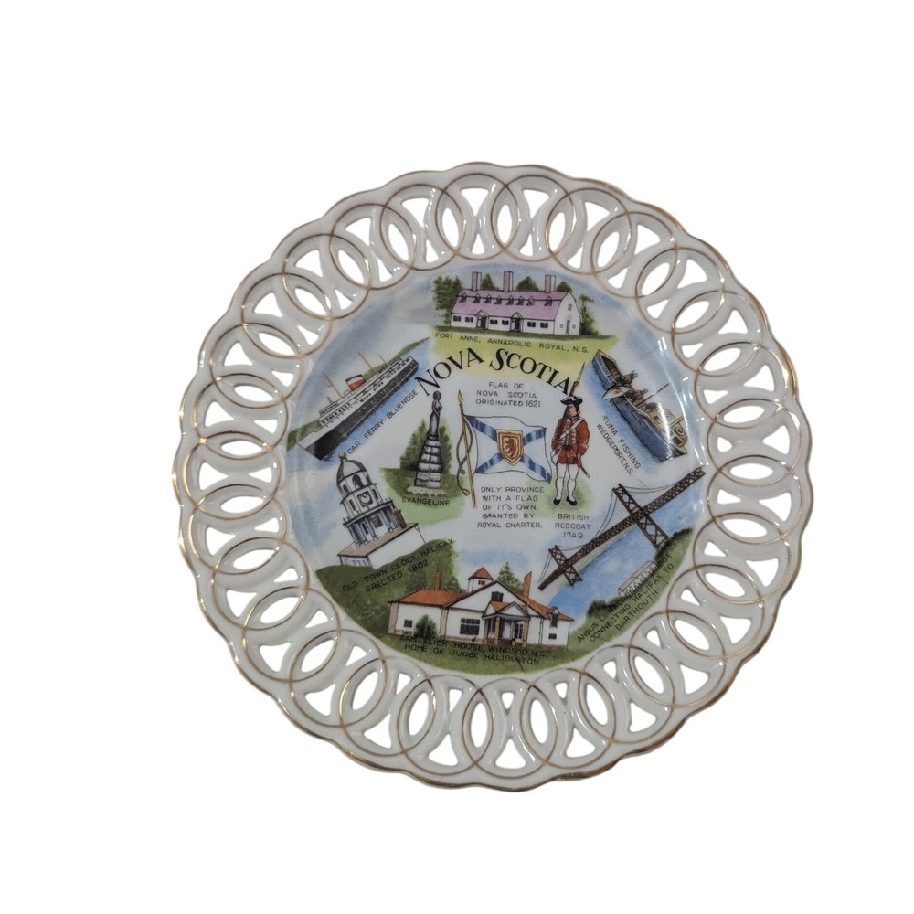 Vintage ESD Japan Nova Scotia Souvenir Plate‎ Hand Painted Reticulated Gold Trim